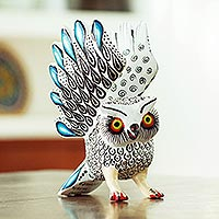 Wood alebrije sculpture, 'Frosty Owl' - Blue Tipped White and Black Owl Alebrije Figure from Oaxaca