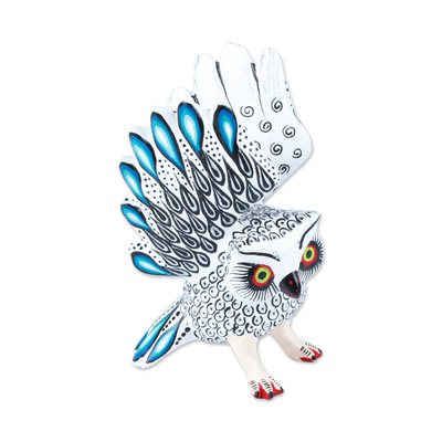 Blue Tipped White and Black Owl Alebrije Figure from Oaxaca