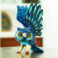 Wood alebrije sculpture, 'Blue Yonder' - Blue and Green Carved Owl Alebrije Figure from Oaxaca