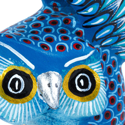 Wood alebrije sculpture, 'Blue Yonder' - Blue and Green Carved Owl Alebrije Figure from Oaxaca