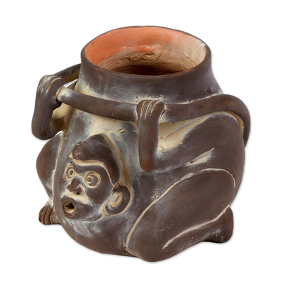 Ceramic Monkey Shaped Jar Replica in Brown from Mexico