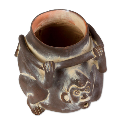 Ceramic decorative jar, 'Monkeyshines' - Ceramic Monkey Shaped Jar Replica in Brown from Mexico
