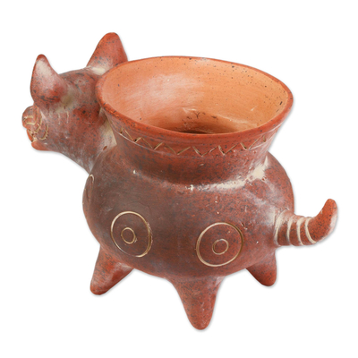 Dekorativer Keramiktopf - Handgefertigter Keramiktopf mit rötlichem Colima-Hund aus Mexiko