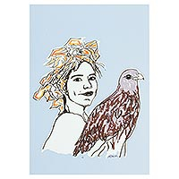 'New Life' - Serigrafía de una mujer sosteniendo un pájaro de México