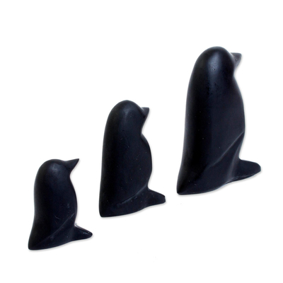 Esculturas de mármol, (juego de 3) - Tres pequeñas figuras de pingüinos mexicanos de mármol blanco y negro