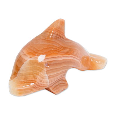 Marble sculpture, 'Mini Honey Dolphin' - Hand Carved Honey Colored Marble Mini Dolphin from Mexico
