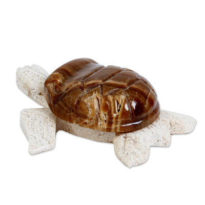 Marble sculpture, 'Nesting Turtle' - Brown and Beige Marble Sea Turtle Figure from Mexico