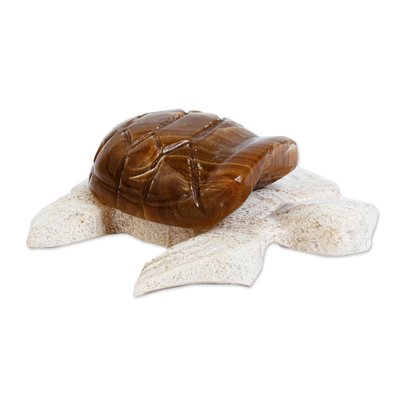 Escultura de mármol - Figura de tortuga marina de mármol marrón y beige de México
