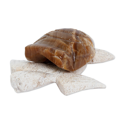 Escultura de mármol - Figura de tortuga marina de mármol marrón y beige de México