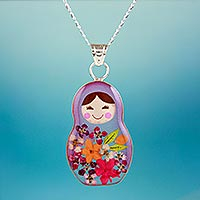 Natural flower pendant necklace, 'Mexican Matryoshka'