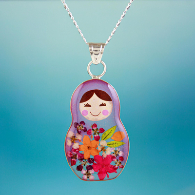 Natural flower pendant necklace, 'Mexican Matryoshka' - Matryoshka Style Pendant Necklace with Natural Flowers