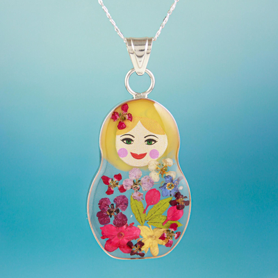 Natural flower pendant necklace, 'Blonde Mexican Matryoshka' - Natural Flower Pendant Necklace with Blonde Matryoshka