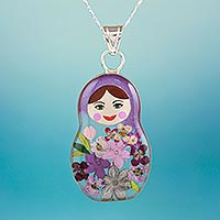 Resin Pendant Necklace, 'Violet Mexican Matryoshka - Purple Matryoshka Pendant Necklace with Natural Flowers