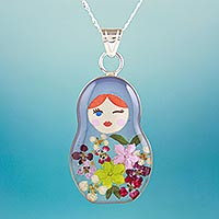Blue Matryoshka Doll Pendant Necklace with Natural Flowers,'Blue Mexican Matryoshka'