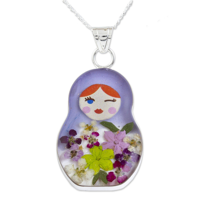 Blue Matryoshka Doll Pendant Necklace with Natural Flowers