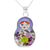 Resin pendant necklace, 'Blue Mexican Matryoshka' - Blue Matryoshka Doll Pendant Necklace with Natural Flowers (image 2a) thumbail