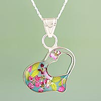 Sterling silver pendant necklace, 'Flowered Heart' - Sterling Silver Necklace with Natural Flower Pendant