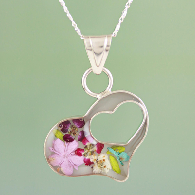 Sterling silver pendant necklace, 'Pink Flowered Heart' - Clear Resin Double Heart Sterling Silver Pendant Necklace