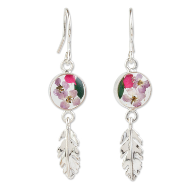 Sterling silver dangle earrings, 'Anahuac Purple' - Sterling Silver and Dried Flower Dangle Earrings from Mexico