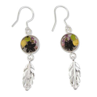 Sterling silver dangle earrings, 'Anahuac Black' - Sterling Silver and Dried Flower Dangle Earrings from Mexico