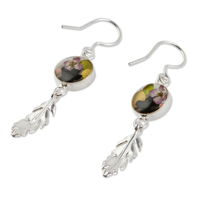 Sterling silver dangle earrings, 'Anahuac Black' - Sterling Silver and Dried Flower Dangle Earrings from Mexico