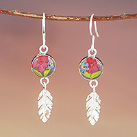 Sterling silver dangle earrings, 'Anahuac Red' - Sterling Silver and Dried Flower Dangle Earrings from Mexico