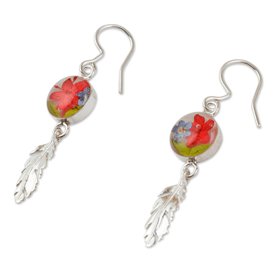Sterling silver earrings, 'Anahuac Red' - Sterling Silver and Dried Flower Dangle Earrings from Mexico