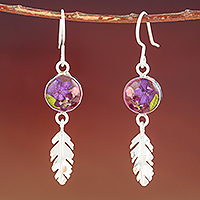 Sterling silver dangle earrings, 'Anahuac Violet' - Sterling Silver and Dried Flower Dangle Earrings from Mexico