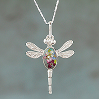 Sterling silver pendant necklace, 'Blue Anahuac Dragonfly' - Sterling Silver Dragonfly Pendant Necklace with Flowers