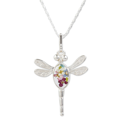 Sterling silver pendant necklace, 'Blue Anahuac Dragonfly' - Sterling Silver Dragonfly Pendant Necklace with Flowers