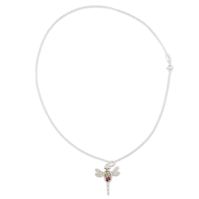 Halskette mit Anhänger aus Sterlingsilber, „Blaue Anahuac-Libelle“ – Halskette mit Libellenanhänger aus Sterlingsilber mit Blumen