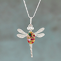 Sterling silver pendant necklace, 'Orange Anahuac Dragonfly'