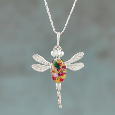 Sterling silver pendant necklace, 'Orange Anahuac Dragonfly' - Sterling Silver Dragonfly Pendant Necklace with Flowers