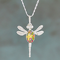 Sterling silver pendant necklace, 'Yellow Anahuac Dragonfly'