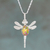 Sterling silver pendant necklace, 'Yellow Anahuac Dragonfly' - Sterling Yellow Dragonfly Pendant Necklace with Flowers thumbail