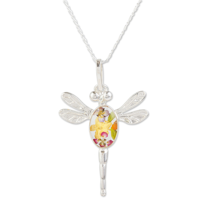 Collar colgante de plata esterlina - Collar con colgante de libélula amarilla de ley con flores
