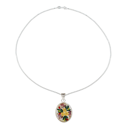 Halskette mit Anhänger aus Sterlingsilber - Altmodische Halskette mit Blumenanhänger aus Harz