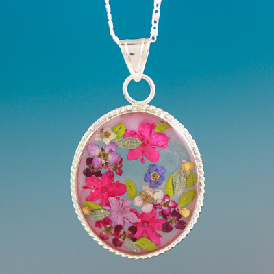 Sterling silver pendant necklace, 'Antique Rose' - Old Fashioned Pendant Necklace with Pink Flowers in Resin