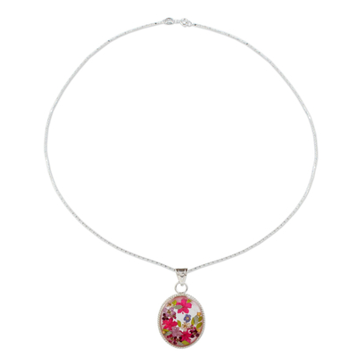 Collar colgante de plata esterlina - Collar Colgante Old Fashioned con Flores Rosas en Resina