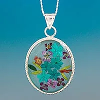 Natural flower pendant necklace, 'Azure Forever' - Blue Dried Flower and Resin Silver Necklace from Mexico