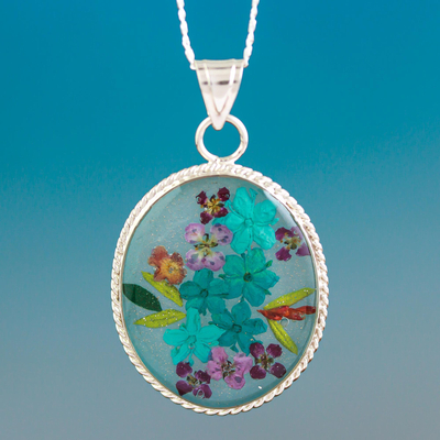 Natural flower pendant necklace, 'Azure Forever' - Blue Dried Flower and Resin Silver Necklace from Mexico