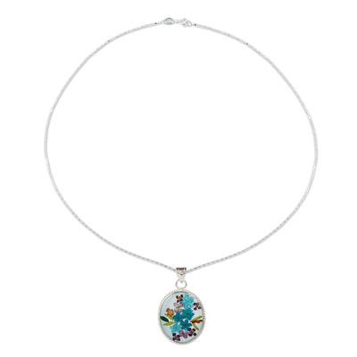 Natural flower pendant necklace, 'Azure Forever' - Blue Dried Flower and Resin Silver Necklace from Mexico