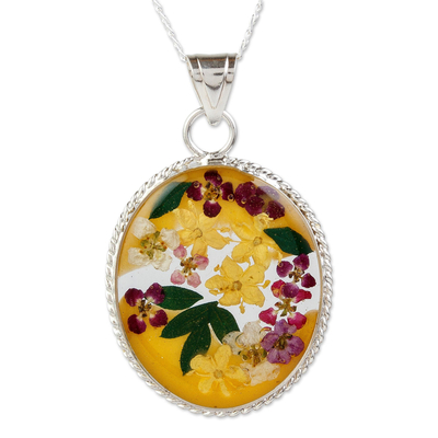 Sterling Silver Necklace with Yellow Dried Flower Pendant
