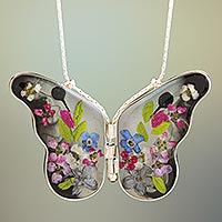 Collar colgante de flores naturales, 'Mariposa Mexicana Negra' - Collar de Mariposa Negra de Plata de Ley y Flores Secas