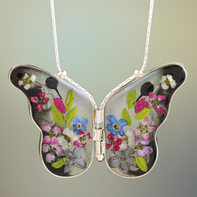 Vintage antique style purple enamel butterfly necklace