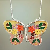 Collar colgante de flores naturales, 'Mariposa Mexicana Amarilla' - Collar de Mariposa Amarilla de Plata de Ley y Flores Secas