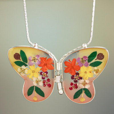 Natural flower pendant necklace, Yellow Mexican Butterfly
