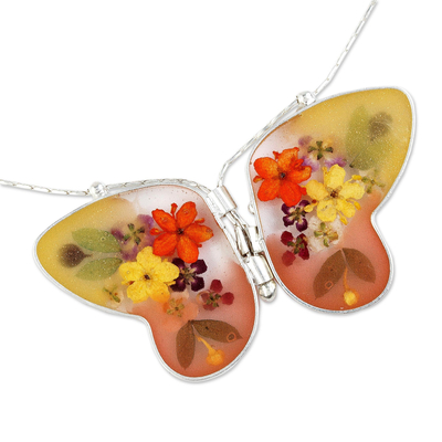 Natural flower pendant necklace, 'Yellow Mexican Butterfly' - Sterling Silver and Dried Flower Yellow Butterfly Necklace