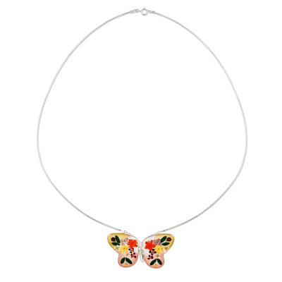 collar con colgante de flor natural - Collar Mariposa Amarilla de Plata Esterlina y Flores Secas