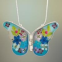 Natural flower pendant necklace, 'Blue Mexican Butterfly' - Sterling Silver and Dried Flower Blue Butterfly Necklace